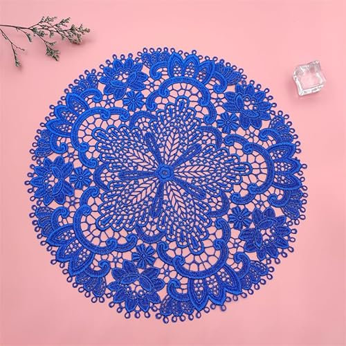 2 Stück Spitze Runde Gestickte Tischläufer, Handarbeit Geklöppelt Untersetzer Häkeln Spitzendeckchen Platzdeckchen für Hochzeit Festival Tischdekoration - Dunkelblau