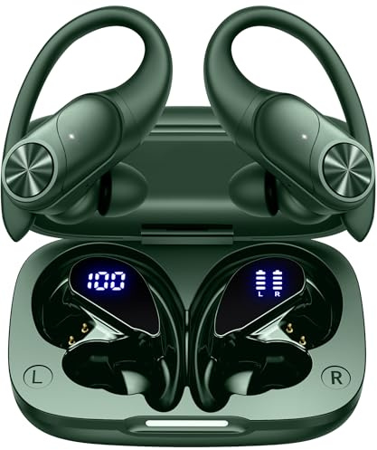 PocBuds Bluetooth Headphones Wireless Earbuds 80hrs Playtime Wireless Charging Case Digital Display Sports Ear Buds with Earhook Deep Bass IPX7 Waterproof Over-Ear Earphones for TV Phone Laptop Olive