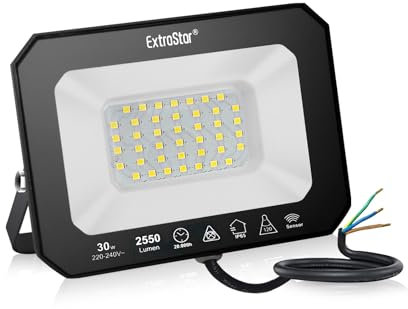 EXTRASTAR LED Floodlight with Motion Sensor, 30W 2550LM Outdoor LED Security Lights, IP65 Waterproof Outdoor Flood Light Wall Light for Garden, Patio, Backyard, Garage-6500K Daylight