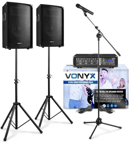 VONYX VX210 Complete PA System Performer Pack with Mixer Amplifier, 10-Inch PA Speakers, Bluetooth, Microphone, Mic Stand and Speaker Stands for Singers, Bands, DJs and Church Events