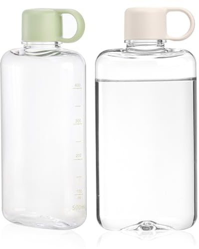 ZEAYEA 2 Pack Portable Flat Water Bottle, 17 oz / 500 ml BPA Free Slim Drinking Bottle, Plastic Travel Water Bottle for Outdoor Sports, Camping, Fitness, Fits Purse Bag Pocket