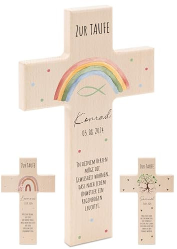 Bärenfreunde - Personalisiertes Taufkreuz mit hochwertigem Spezial-Druck aus massivem Buchenholz - Taufe Geschenk - Holzkreuz Taufe (Regenbogen bunt)