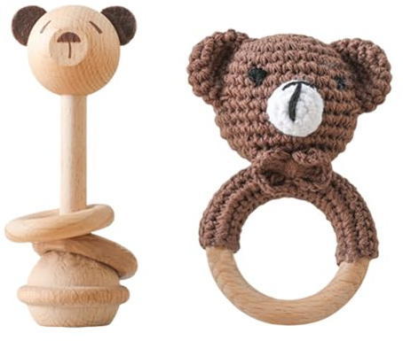 2 st Greifringe Baby Baby Gehäkelt, Baby Holz gehäkelte Handmade Rassel Greifling Baby Rassel Beißring Holz Babyrassel Greifling Spielzeug Häkel Rassel med Holz Ring