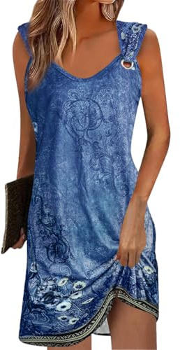 Yeenily Vestito Donna Senza Maniche Scollo a V Abiti Casual Abito Spiaggia Loose Mini Lunghi Vestiti Estivo Corto Prendisole (Blu Stampa, XXL)