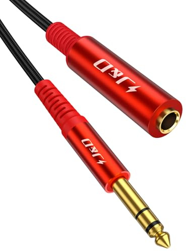 J&D 1/4 Inch Extension Cable, 6.35 mm Stereo Male to Female, Gold Plated Connectors, Durable PVC and Copper, Professional Audio Extender for Headphones, Guitars, Home Theater, Red, 6 feet