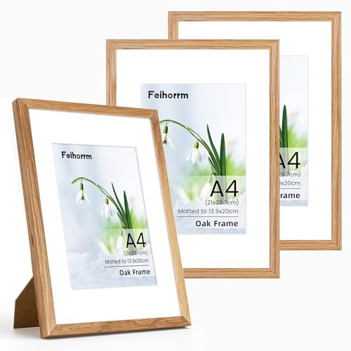 A4 Frame, Solid Oak Wood Wood A4 (21x 30 cm) Certificates Documents Frames, 3 pcs A4 Picture Frame with Mount for A5 Prints, A4 Poster Frames with Tempered Glass, Vertical & Horizontal Wall Hanging