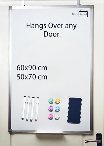 DoorBoard No-Drill Magnetic Whiteboard for Over-Door and Wall-Mount, 60X90 CM Portable White Board with Aluminium Frame | Includes Marker Pens, Magnets and Eraser