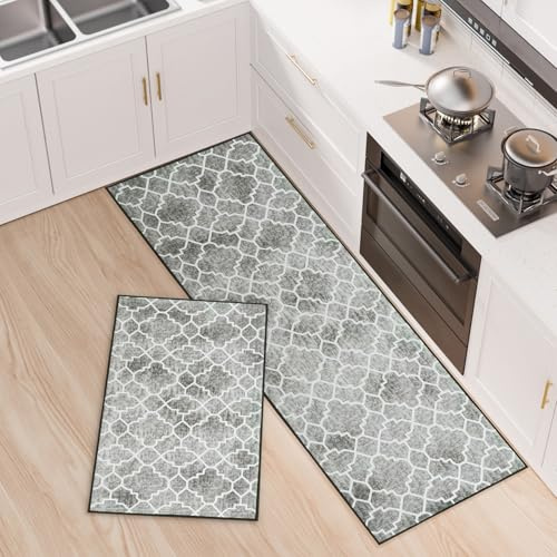OPLERT Alfombras de Cocina Antideslizantes 2 Piezas, Absorbentes de Agua y Resistentes a Las Manchas, Alfombras de Correr Lavables para Pasillo, Cocina, Lavadero, Salón,Verde,43x75+43x150cm