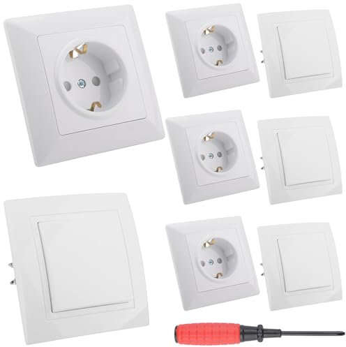 4 Stück Steckdose Unterputz und 4 Stück Lichtschalter Kombi mit Schraubendreher Einzelsteckdose Kipplichtschalter Wandsteckdose Schalter mit Taster Weiß 1 Fach mit Rahmen - 82×82mm