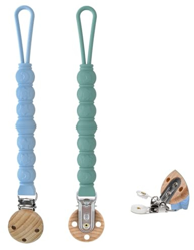 KUKUPOW Lot de 2 chaînes porte-tétine en silicone, porte-sucette pour bébé, fabriqué en silicone alimentaire, avec clip bois hêtre naturel (bleu Cambridge + bleu)