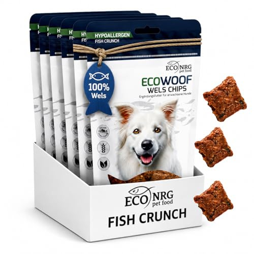 ECO WOOF Snack per cani naturali | Chips 100% pesce gatto | 6×125g | Snack per cani ipoallergenici | Senza cereali | Ricchi di collagene naturale | Monoproteico | Per amico a quattro zampe sensibili