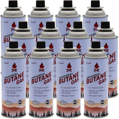 ZeroR Butane Fuel Canister Cartridge 13.4 fl oz (390 mL) Pack of 12 | Compatible with Portable Camping Stoves and Torches