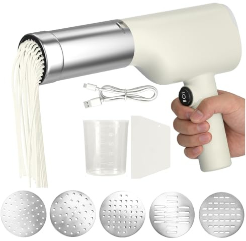 Elektrisk pastamaskin, uppladdningsbar pasta maker med 5 pressformar, automatisk handhållen Noodle Maker, bärbar elektrisk pastamaskin för familj, resor, picknick