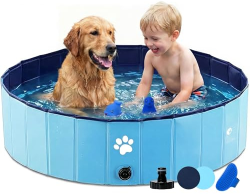 Dazhtu Hundepool faltbar, 100X30cm Planschbecken für Hunde, Hundebadewanne mit Ablaufloch, Tragbare Rutschfestes Hundeplanschbecken, Swimmingpool Verdickt PVC für Große Kleine Hunde, blau