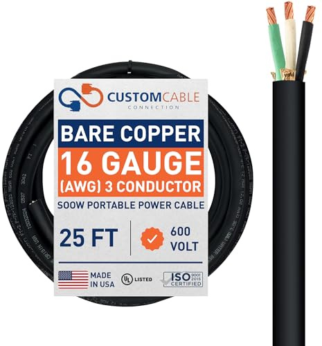 Custom Cable Connection 16/3 SOOW 16 AWG 3 Conductor 600 Volt Portable Power Cable - 25 Foot Roll in a Bag