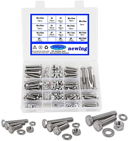 newlng M5 M6 M8 Sechskantschrauben Set Schrauben mit Muttern Unterlegscheiben Federringe Set 304 Edelstahl A2-70 Maschinenschrauben Gewindeschrauben 300Stück