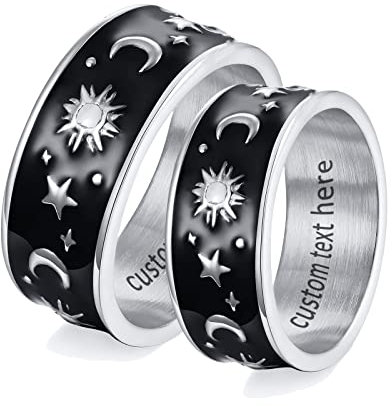 ANAZOZ 2 Stück Eheringe Paarpreis Edelstahl Sonne und Mond Damen Ringe Herren Hochzeit Ringe Partnerringe Silber Schwarz mit Kostenlos Gravur