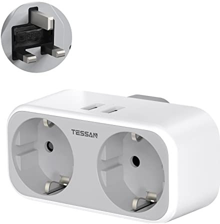 TESSAN European to UK Plug Adaptor, EU to UK Travel Adapter with 2 USB, Schuko 2 Pin to 3 Pin European Plug Adaptor for Spain France Turkey Germany