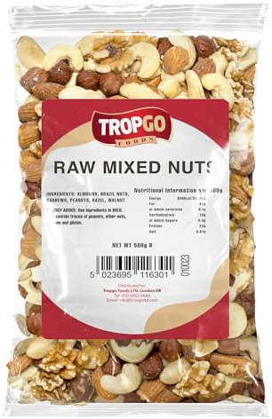 Tropgo Raw Mixed Nuts - 500g Nut Snacks - Packed Fresh, Healthy Jumbo Nuts with Fibre, Protein, and Minerals - Perfect Snacking - Includes Almonds, Brazil Nuts, Cashews, Peanuts, Walnuts, & Hazelnuts