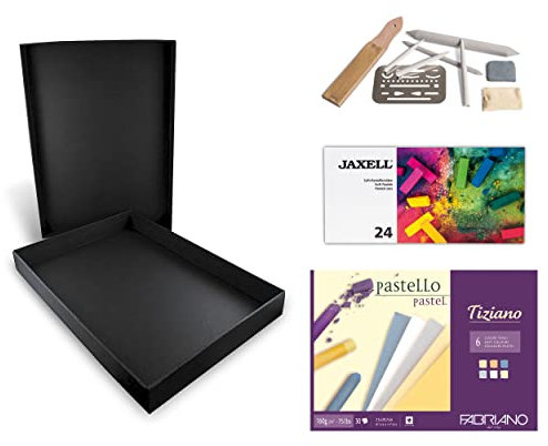 Honsell 14-99890 - Pastellfarbenset Pastelli - Künstler Set, Schwarze Aufbewahrungsbox mit 24 Soft-Pastellkreiden, Zeichenzubehör-Set und einem Zeichenblock in DIN A4