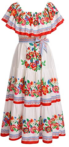 Women Mexican Dress Off Shoulder Floral Long Maxi Dress Summer Beach Party Cinco de Mayo Dresses with Belt White S