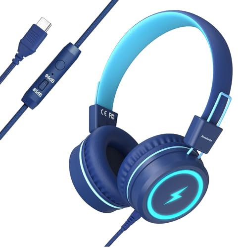 Bywulanda Auriculares para niños con Luces LED para la Escuela, Auriculares USB Tipo C con micrófono, limitador de Volumen 85/94 dB, Auriculares con Cable para niños, niñas, tabletas, Viajes, Azul