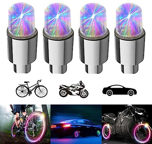 YUERWOVER 4 Pack LED Bike Wheel Lights Car Tire Valve Stems Caps Bicycle Motorcycle Waterproof Tyre Spoke Flash Light Cool Reflector Accessories for Men Women Kids (Colorful)