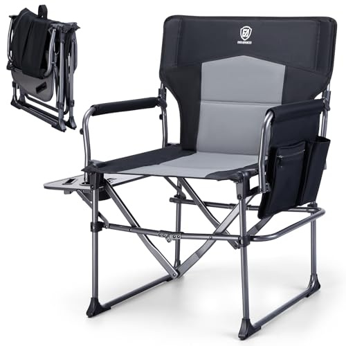EVER ADVANCED Directors Chair for Adults, Oversized Camping Chair for Heavy People Folding with Side Table, Heavy Duty Portable With Side Pocket Supports up to 180KG Black