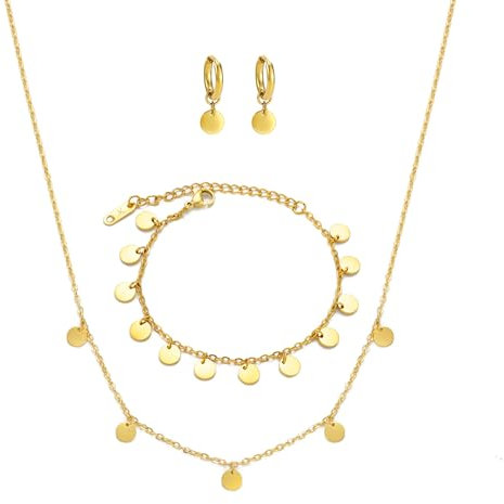 KIM JOHANSON® Edelstahl Damen Multi Layer Set *Malia* Halskette, Armband & Ohrringe in Silber, Gold & Roségold | Boho Schmuck für Frauen | Kreise Kette | Wasserfest | Verstellbar | Inkl. Schmuckbeutel