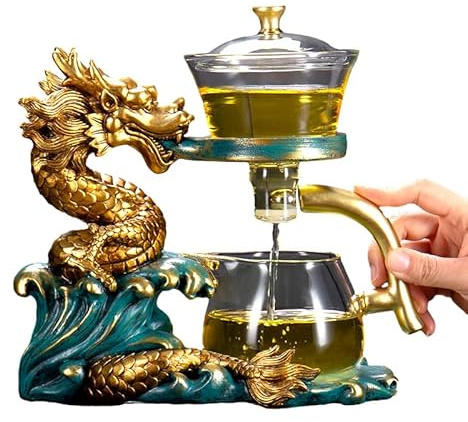 Fire Kirin Set di teiera in vetro con infusore, semi automatica, coperchio rotante a goccia, set da tè pigro (drago, singolo)