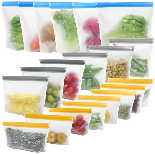 20 Stück Gefrierbeutel Wiederverwendbar mit Stehendes Boden-Design, Silikonbeutel für Lebensmittel,Auslaufsichere Gefrierbeutel Küche Beutel für Süßigkeiten, Obst, Müsli, Haushaltsorganisation