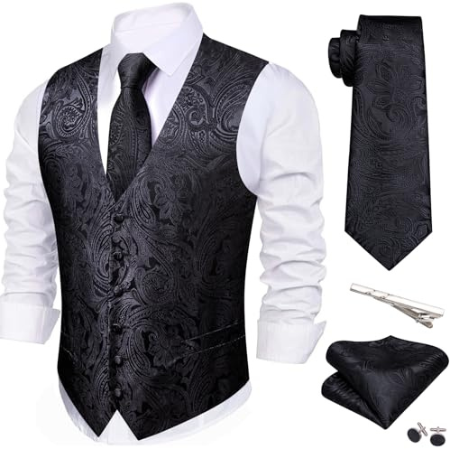 Barry.Wang Black Vest Men Formal/Leisure Paisley Jacquard Silk Tie Handkerchief Cufflinks Suit Waistcoat Set Wedding 5PCS