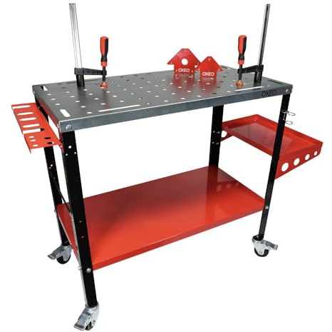 Table de soudage roulante - Surface perforée 91x46 cm - 2 serre-joints 2 aimants - Établi de Soudage charge 300kg