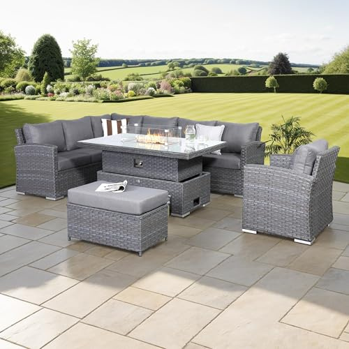 Rattan park Victoria Range High Back Modular 9 Seater Corner Sofa with Fire Pit Rising Table and Arm Chair in Large Grey Weave