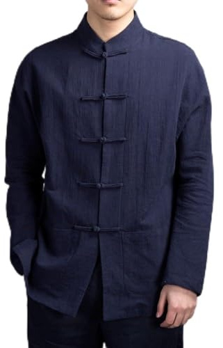 SPORTARC Chinese Traditional Kung Fu Tai Chi Coat Jacket Men's Tang Suit Uniform, Button Up, Stand Collar (XL Navy)