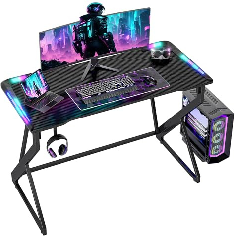 BEXEVUE Gaming Desk with LED Armor, 100x50 cm RGB Computer Desk with Carbon Fiber and Z Frame Design Gaming PC Desk with Head Phone Hook for E-sport Gamer Table, Easy Assemble Home Office desk, Black