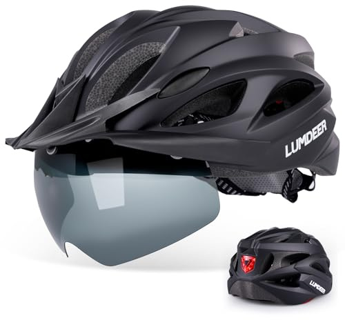 LUMDEER Fahrradhelm Erwachsene mit Licht - City Helm Urban für Herren und Damen - Fahrradhelm schwarz mit Abnehmbarer Magnetische Schutzbrille Visier Bicycle Radhelm mit 18 Belüftungskanäle