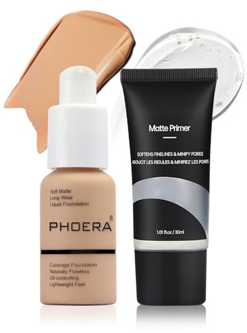 Face Foundation Full Coverage Long Lasting Perfect Matte Oil-Control Concealer 6 Colors Optional,Great Choice and Gift (104+Primer, 30ml+30ml)