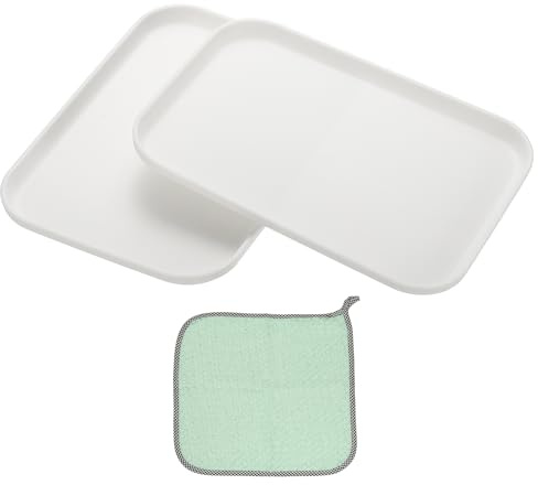 PATIKIL 12 x 8,7 plastbricka, 2-pack rektangulära tallrikar liten matbricka vetetallrikar rätter återanvändbar desserttallrik brickor med trasa för tårta frukt, sallad, cupcake biff servering vit