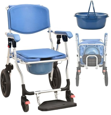 JIANGYUXINLI Sedia Comoda WC per Anziani con rotelle Sedia per Doccia Disabili,Sedia Toilette rotelle Pieghevole Regolabile,per Pazienti, Anziani, Disabili e Donne Incinte, Portata Fino a 150 kg