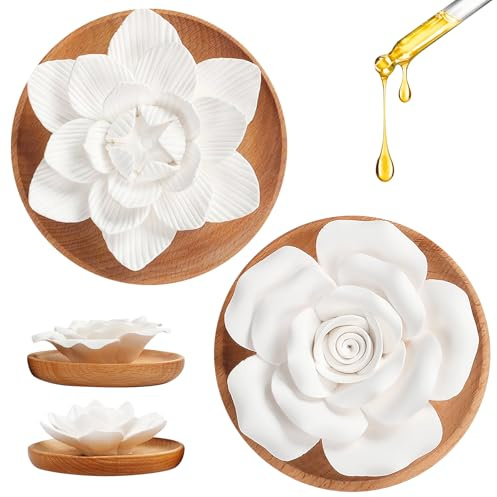 Pietre profumate per oli essenziali – Set di 2 diffusori oli essenziali con pietra profumata Lotus & Rose e sottobicchieri in legno, pietra profumata per oli essenziali per auto, camera da letto