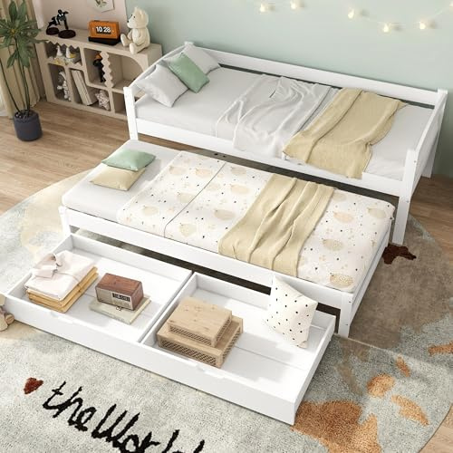 KEYIDE Lettino per bambini 90x200, letto singolo con letto estraibile e 2 cassetti, divano letto, letto per ospiti, letto a divano letto con rete a doghe, letto funzionale in legno, bianco, senza