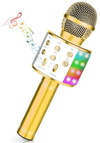 Microphone Karaoké sans Fil Bluetooth avec Lumière LED Multi Couleur, Microphone Karaoke pour Enfants/Adultes Chanter Club Noël Anniversaire Soiree Famille Youtube Live, Idée Cadeau (Or)