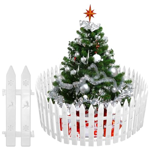 Xygobla 25Pcs Christmas Tree Fence Plastic White Picket Fence Panels 12Inch Christmas Tree Guard Snowflake Reindeer Fences for Xmas Home Wedding Fairy Garden Party Decoration,10x30cm