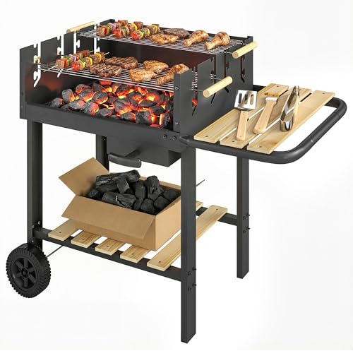 Outsunny Barbacoa de Carbón de Madera con 2 Rejillas Ajustables y 3 Accesorios, Carro de Barbacoa de Madera, Tableta Lateral, Recuperador de Ceniza y Ruedas, para Jardín, Terraza, Camping, Negro