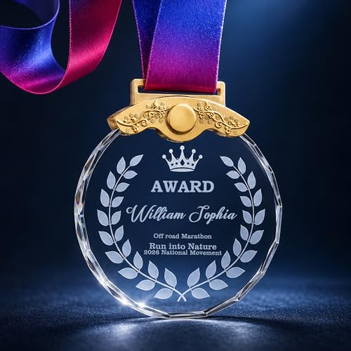 AGEUIRPOD Médaille Personnalisée avec Texte Motif et Logo, Or, Argent, Bronze, Medaille Cristal Gravé pour Concours Scolaires, Compétitions, Cadeau d'entreprise pour Récompense Employé
