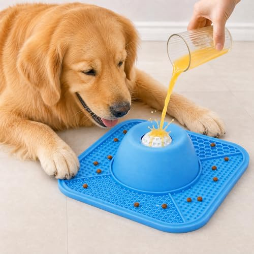 2‑in‑1 Dog Slow Feeder Bowl with Licking Mat Anti‑Choking NonSlip Silicone Feeding Mat with Suction Cups, Anxiety Relief Puzzle Feeder for Dogs & Cats(Blue)