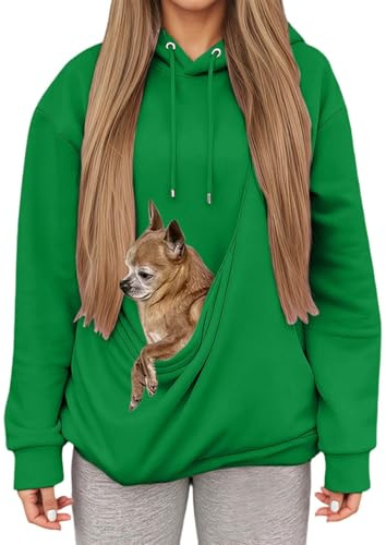 Sweat à Capuche Femme avec Grande Poche Kangourou Fonctionnelle,Pull de Transport pour Chat et Chien,Sweatshirts pour Amoureux des Animaux domestiques (Green, XL)