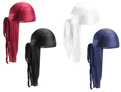 Paquete de 4 Long Tail Durag, Unisex Durag Headwraps Anchas Correas Pirata Gorra de quimio contra la pérdida de Cabello Bandana Turbante para Mujeres y Hombres Hip-Hop y decoración Diaria.