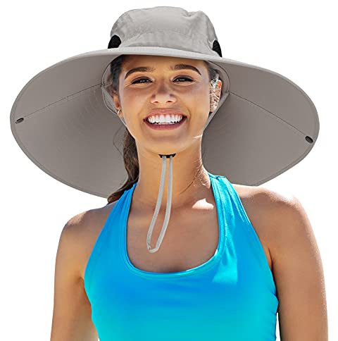 Leotruny Women Super Wide Brim Sun Hat UPF50+ Waterproof Bucket Hat for Fishing, Hiking, Camping (C02-light Grey)